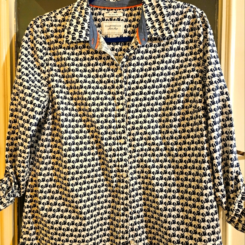 Charter Club Shirt Shop size12 relaxed fit Elephant print long sleeve navy& whit